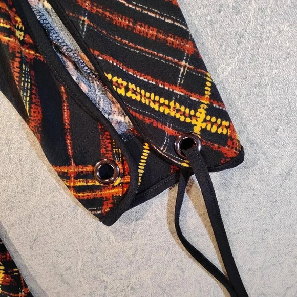 Cleo Petites Women's  Black & Gold Plaid Blouse Long Cut Out Sleeves Size Large - Picture 5 of 11